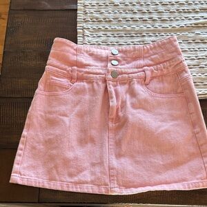 High-Rise Pink Denim Mini Skirt with Button-Front